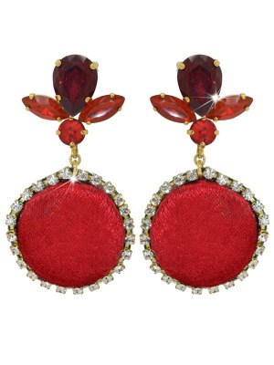orecchini con bottoni di velluto rosso, pietre naturali strass